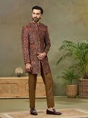 Rust Velvet Paisley Digital Print Indo Western Set with Pant - KORANM