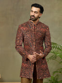 Rust Velvet Paisley Digital Print Indo Western Set with Pant - KORANM