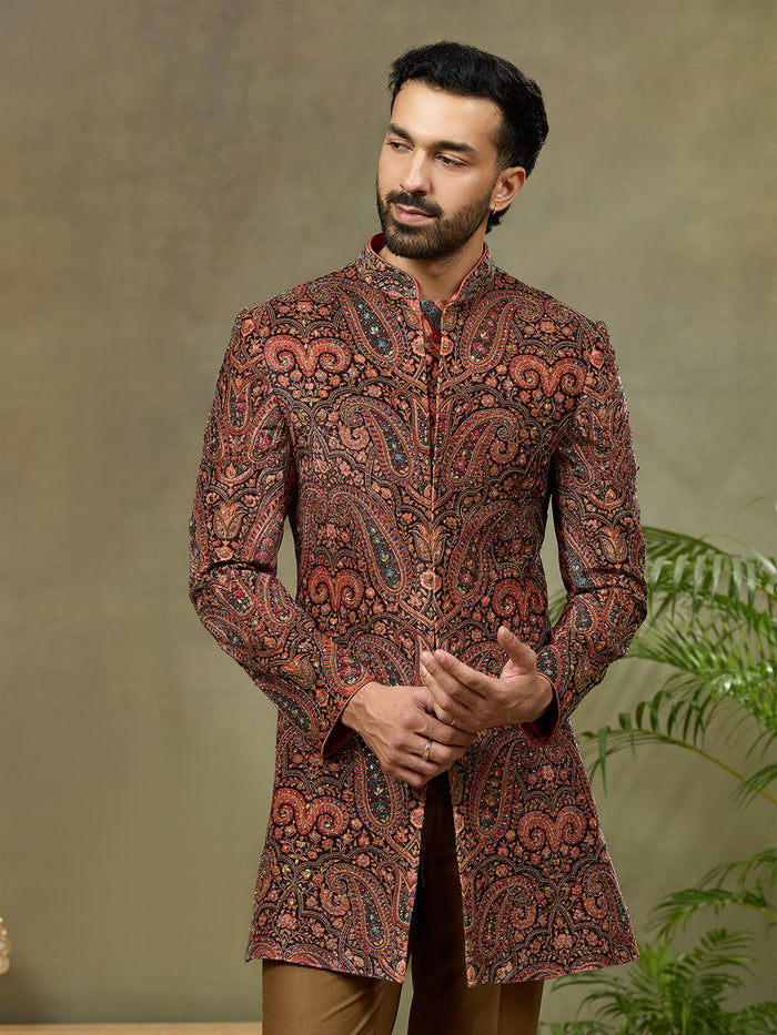 Rust Velvet Paisley Digital Print Indo Western Set with Pant - KORANM