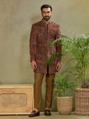 Rust Velvet Paisley Digital Print Indo Western Set with Pant - KORANM