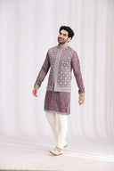 Mauve Tissue Silk Bandi Jacket Set for Men with Kurta & Aligarhi
