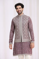Mauve tissue silk bandi jacket set for men with geometric pattern and zari work – front view