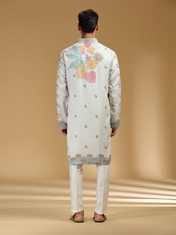 Stylish Grey & White Embroidered Printed Kurta Set - KORANM