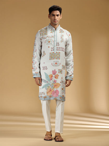 Stylish Grey & White Embroidered Printed Kurta Set