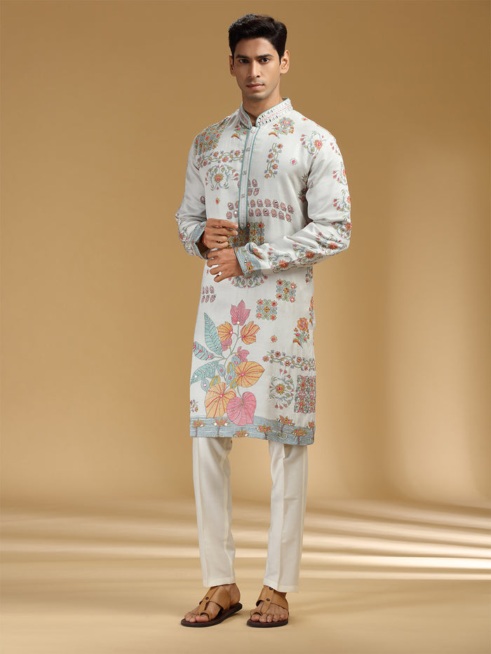 Stylish Grey & White Embroidered Printed Kurta Set - KORANM