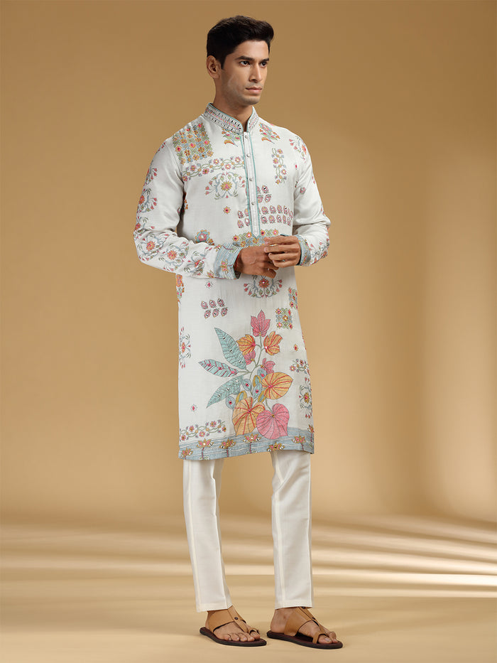 Stylish Grey & White Embroidered Printed Kurta Set - KORANM