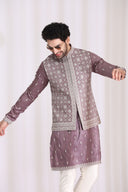 Mauve Tissue Silk Bandi Jacket Set for Men with Kurta & Aligarhi