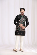Styled engagement look of black satin linen bandi jacket set for men with geometric resham work