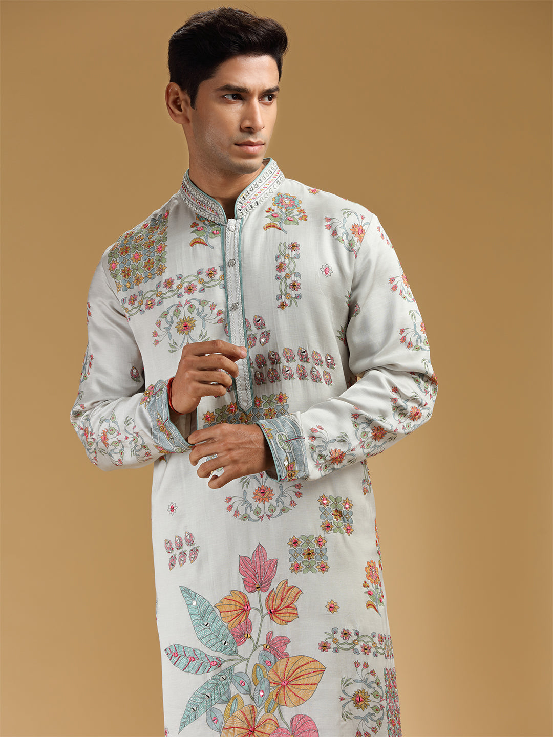 Stylish Grey & White Embroidered Printed Kurta Set - KORANM