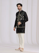 Black Satin Linen Geometric Bandi Jacket Set with Resham Work