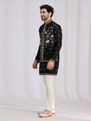 Black Satin Linen Geometric Bandi Jacket Set with Resham Work