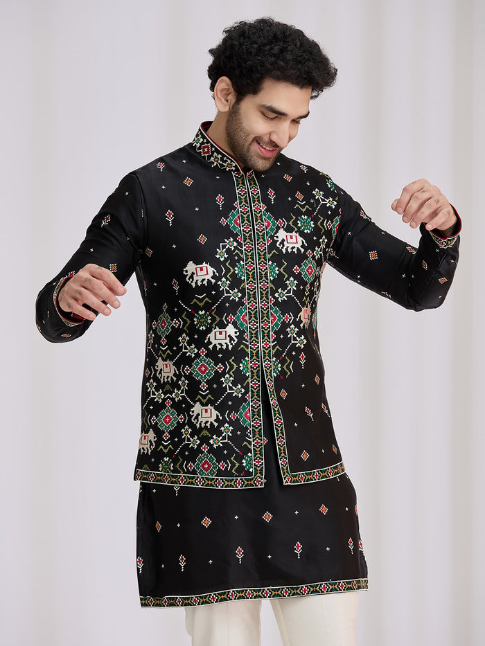 Black Satin Linen Geometric Bandi Jacket Set with Resham Work