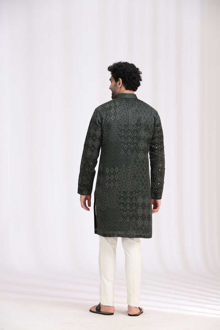 Green Satin Linen Bandhani Kurta Set for Men with Aligarhi & Hand Embroidery - KORANM