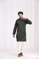Green Satin Linen Bandhani Kurta Set for Men with Aligarhi & Hand Embroidery