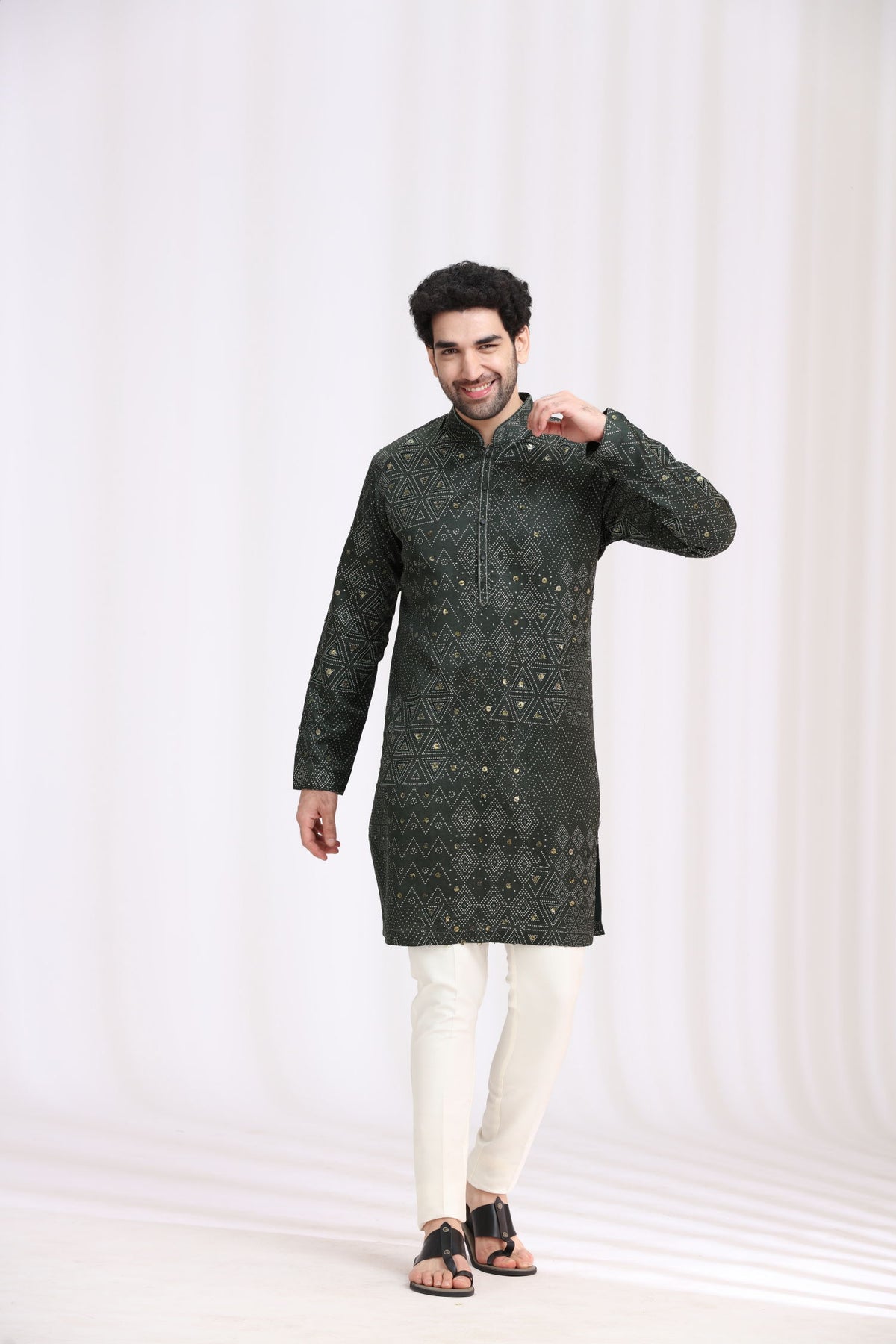 Green Satin Linen Bandhani Kurta Set for Men with Aligarhi & Hand Embroidery - KORANM