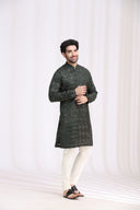 Green Satin Linen Bandhani Kurta Set for Men with Aligarhi & Hand Embroidery