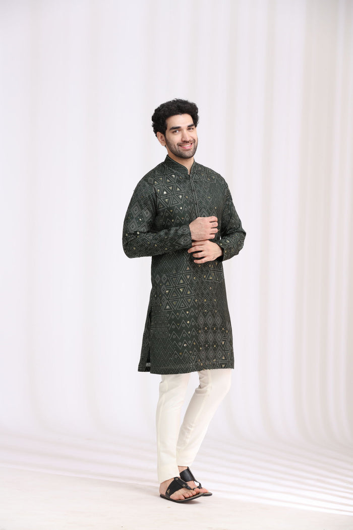 Green Satin Linen Bandhani Kurta Set for Men with Aligarhi & Hand Embroidery - KORANM