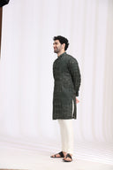 Green Satin Linen Bandhani Kurta Set for Men with Aligarhi & Hand Embroidery