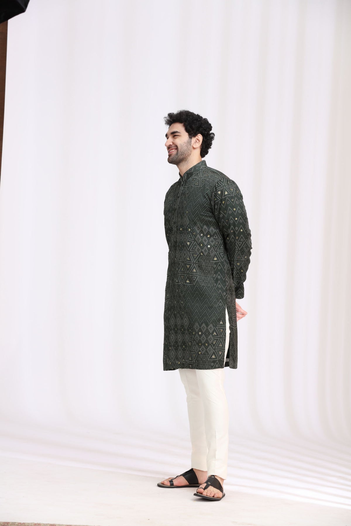 Green Satin Linen Bandhani Kurta Set for Men with Aligarhi & Hand Embroidery - KORANM