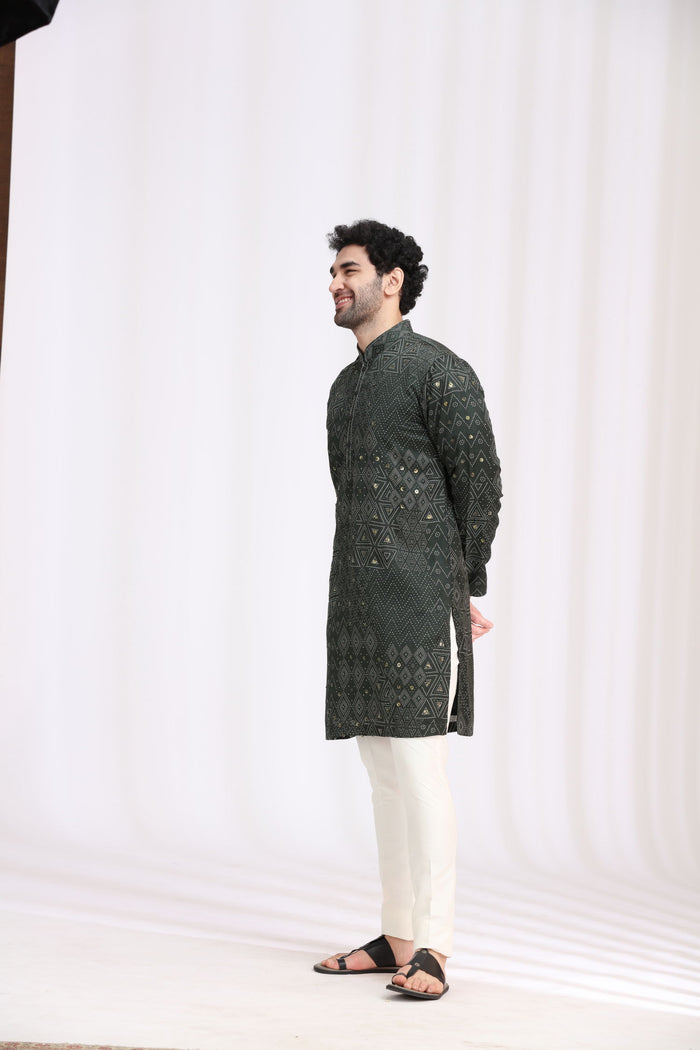 Green Satin Linen Bandhani Kurta Set for Men with Aligarhi & Hand Embroidery - KORANM