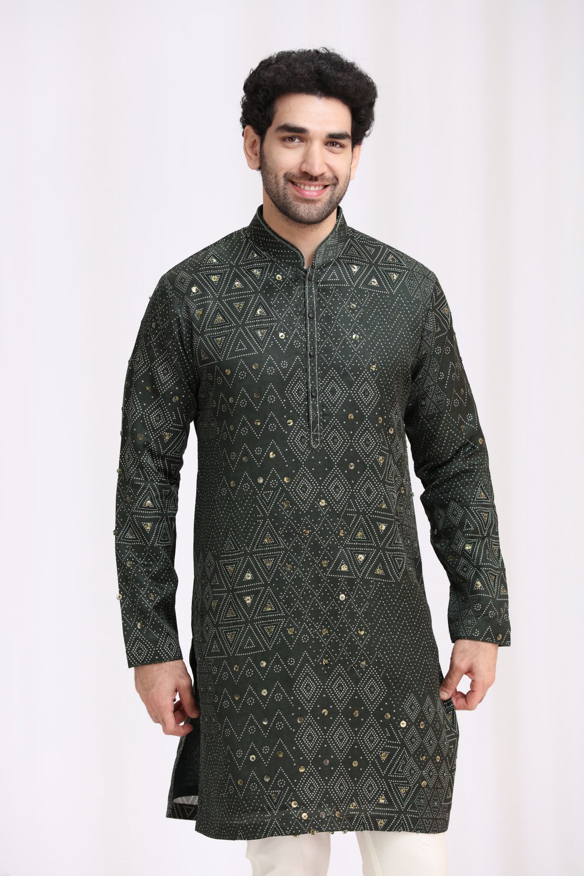 Green Satin Linen Bandhani Kurta Set for Men with Aligarhi & Hand Embroidery - KORANM