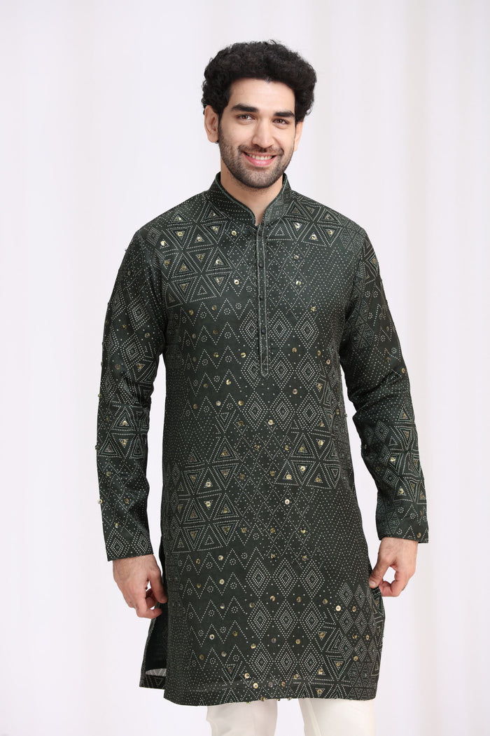 Green Satin Linen Bandhani Kurta Set for Men with Aligarhi & Hand Embroidery - KORANM