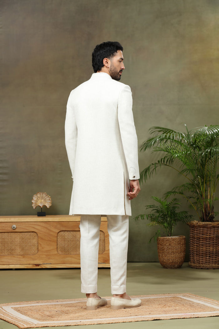 Natural Brocade Silk Sherwani with Pant & Dupatta