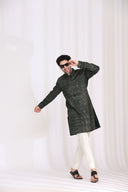 Green Satin Linen Bandhani Kurta Set for Men with Aligarhi & Hand Embroidery