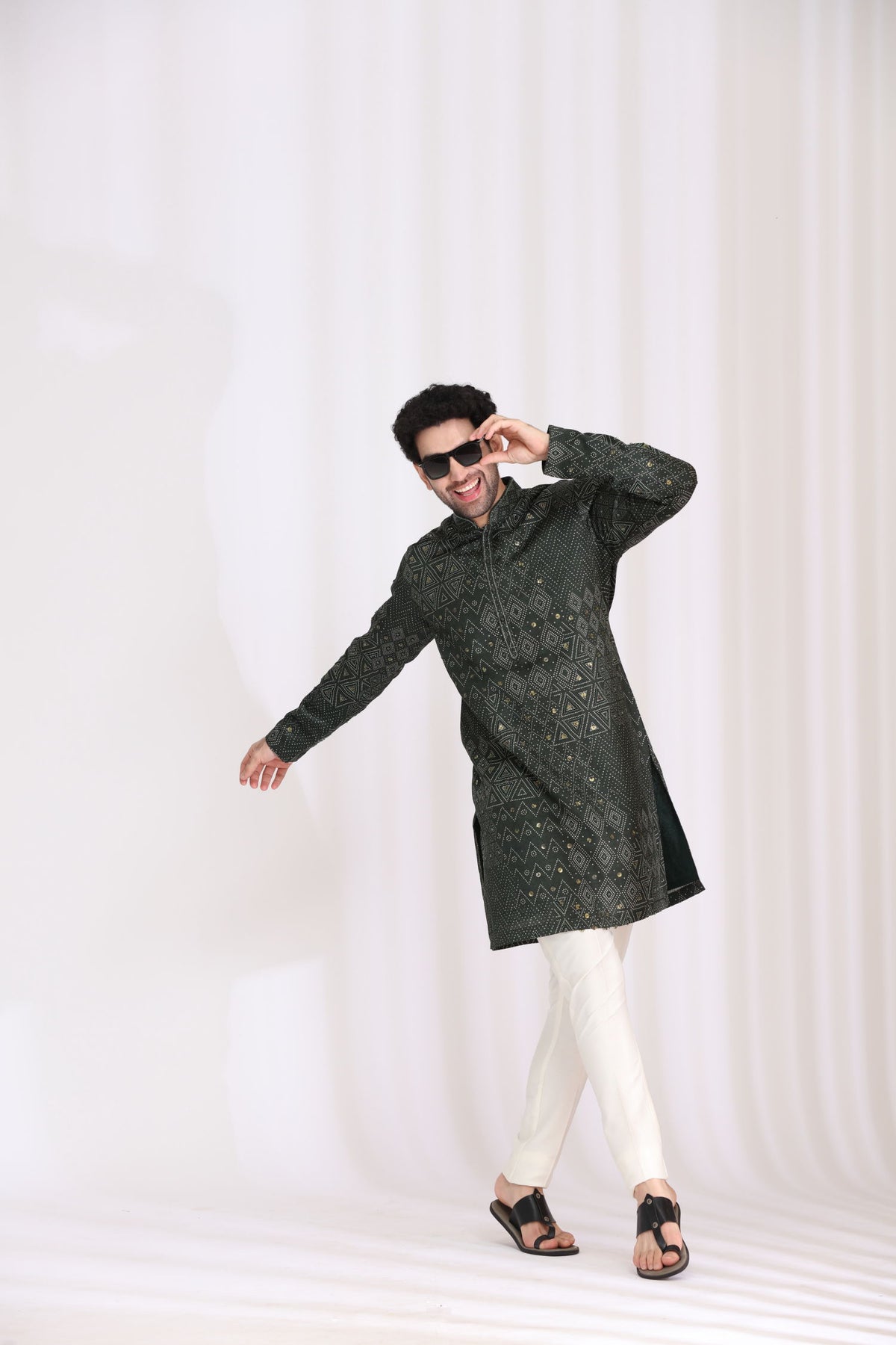 Green Satin Linen Bandhani Kurta Set for Men with Aligarhi & Hand Embroidery - KORANM