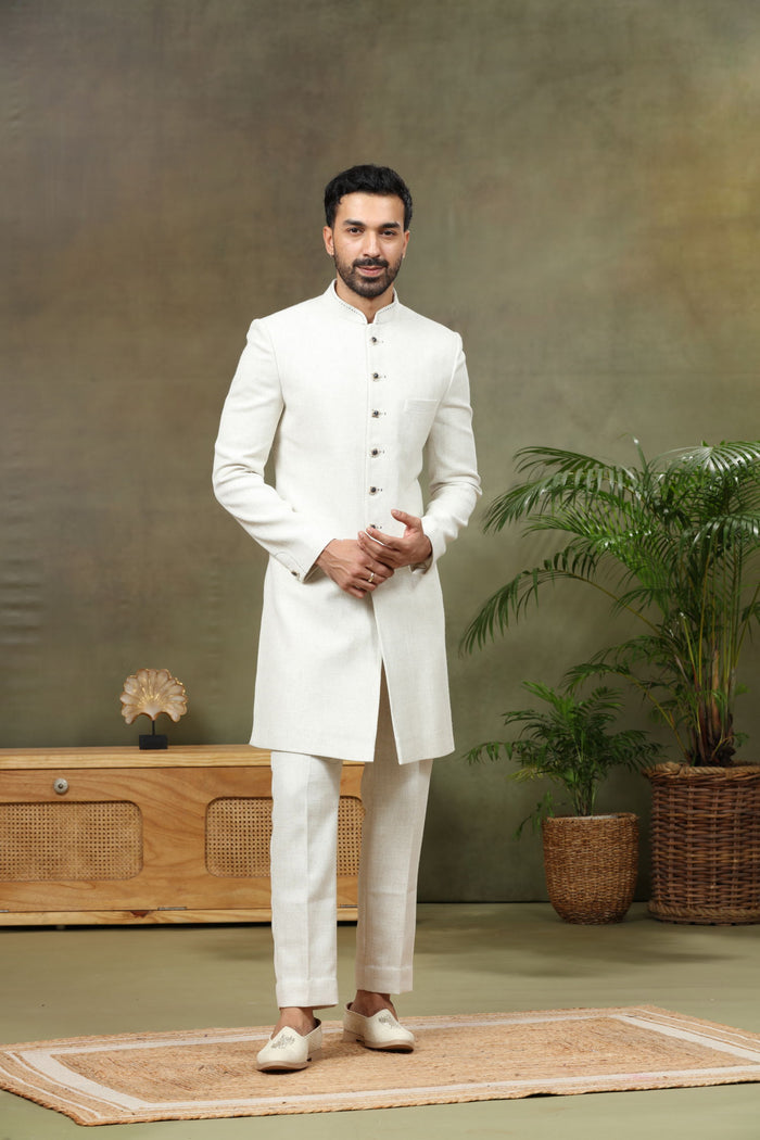 Natural Brocade Silk Sherwani with Pant & Dupatta