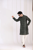 Green Satin Linen Bandhani Kurta Set for Men with Aligarhi & Hand Embroidery