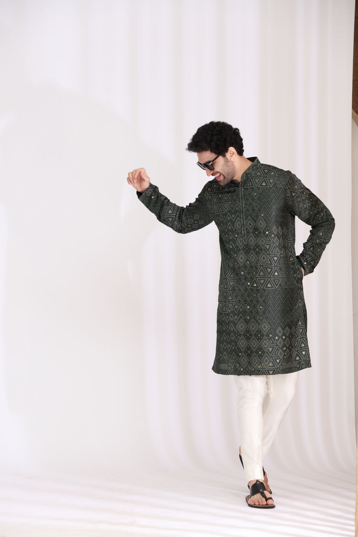 Green Satin Linen Bandhani Kurta Set for Men with Aligarhi & Hand Embroidery - KORANM