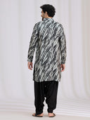 Back view of black raw silk pathani kurta set for men