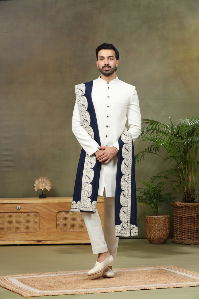 Natural Brocade Silk Sherwani with Pant & Dupatta