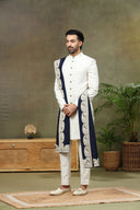 Natural Brocade Silk Sherwani with Pant & Dupatta