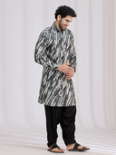 Side view of black raw silk leheriya pathani kurta for men