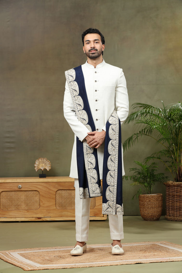 Natural Brocade Silk Sherwani with Pant & Dupatta