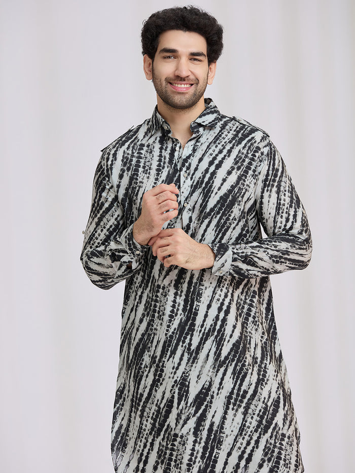 Black raw silk leheriya pathani kurta set for men with salwar – front view