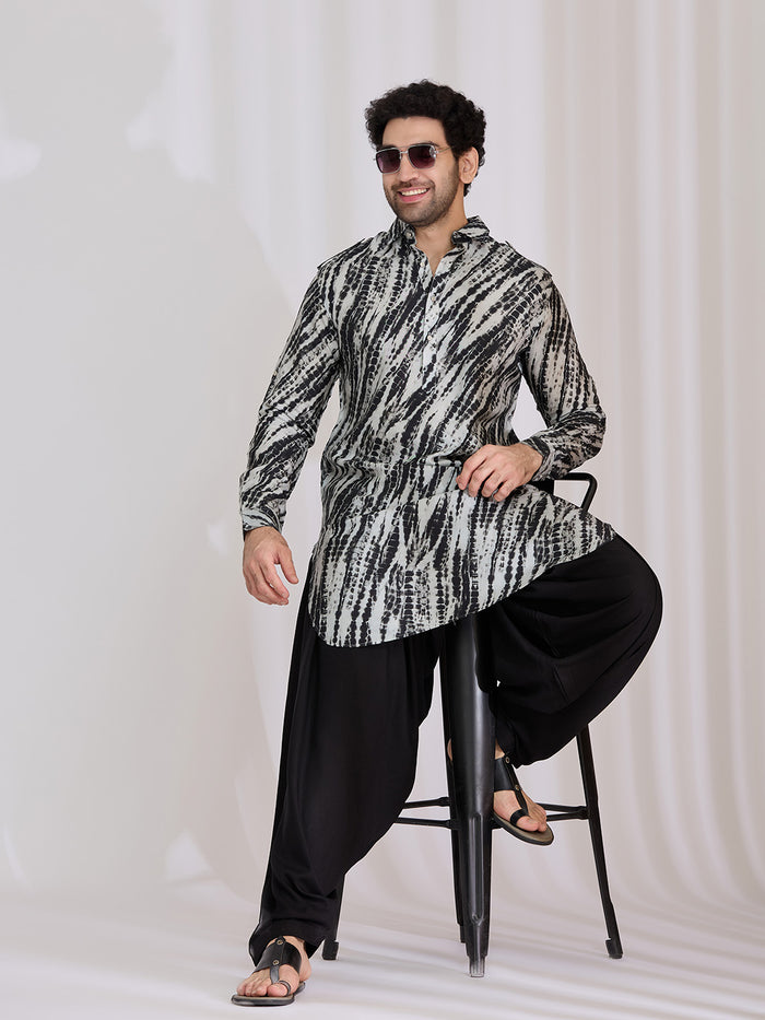 Black Raw Silk Leheriya Pathani Kurta Set for Men with Black Salwar - KORANM