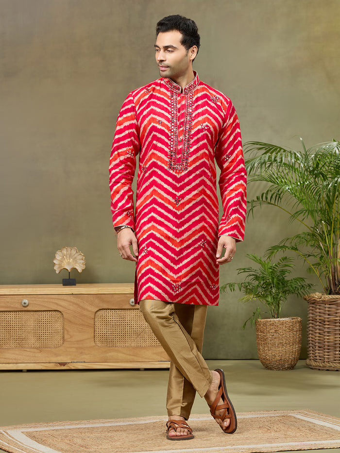 Pink Silk Printed Kurta with Highlight Embroidery and Aligarhi Pants - KORANM