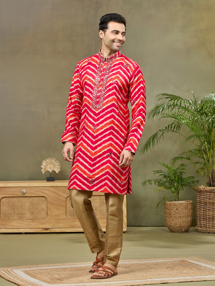 Pink Silk Printed Kurta with Highlight Embroidery and Aligarhi Pants - KORANM