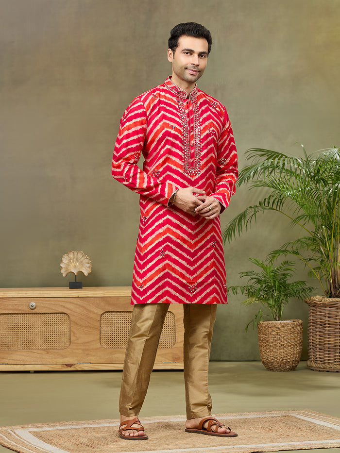 Pink Silk Printed Kurta with Highlight Embroidery and Aligarhi Pants - KORANM