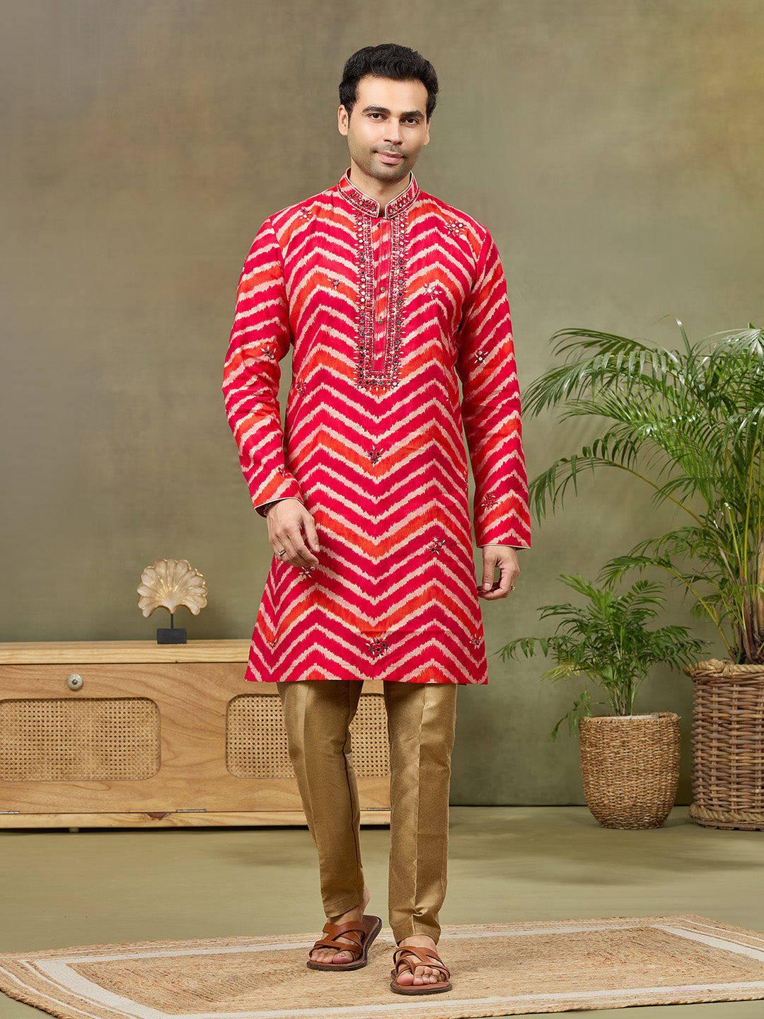 Pink Silk Printed Kurta with Highlight Embroidery and Aligarhi Pants - KORANM