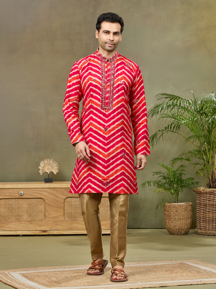 Pink Silk Printed Kurta with Highlight Embroidery and Aligarhi Pants - KORANM