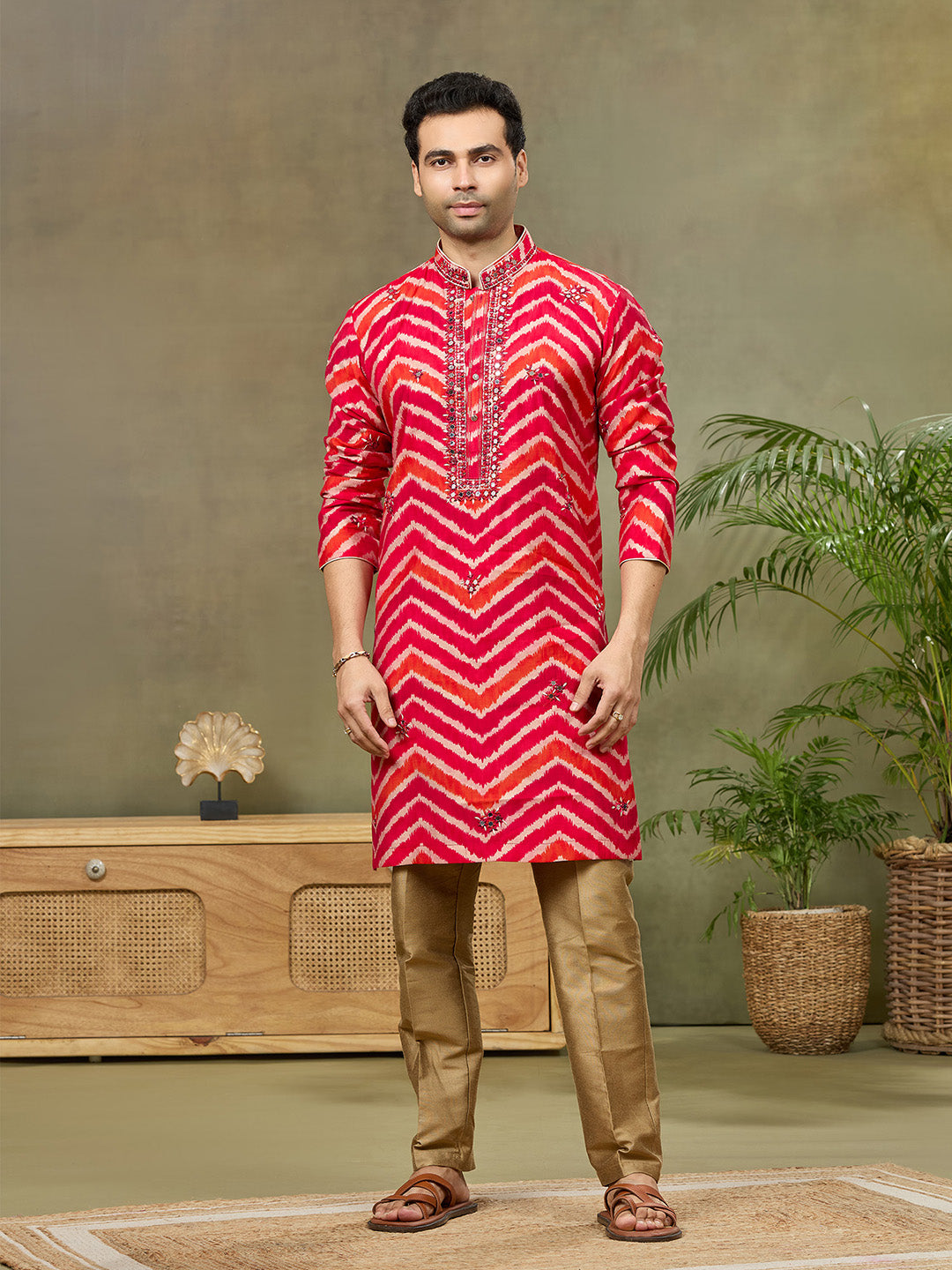 Pink Silk Printed Kurta with Highlight Embroidery and Aligarhi Pants - KORANM