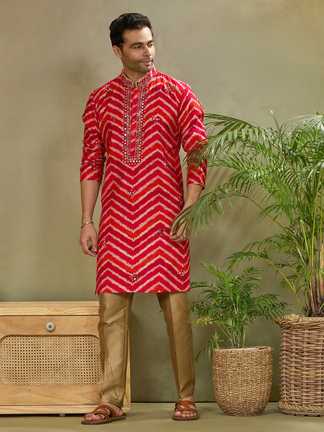 Pink Silk Printed Kurta with Highlight Embroidery and Aligarhi Pants - KORANM