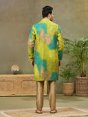 Green Printed Kurta with Aligarhi Pant Featuring Highlight Embroidery
