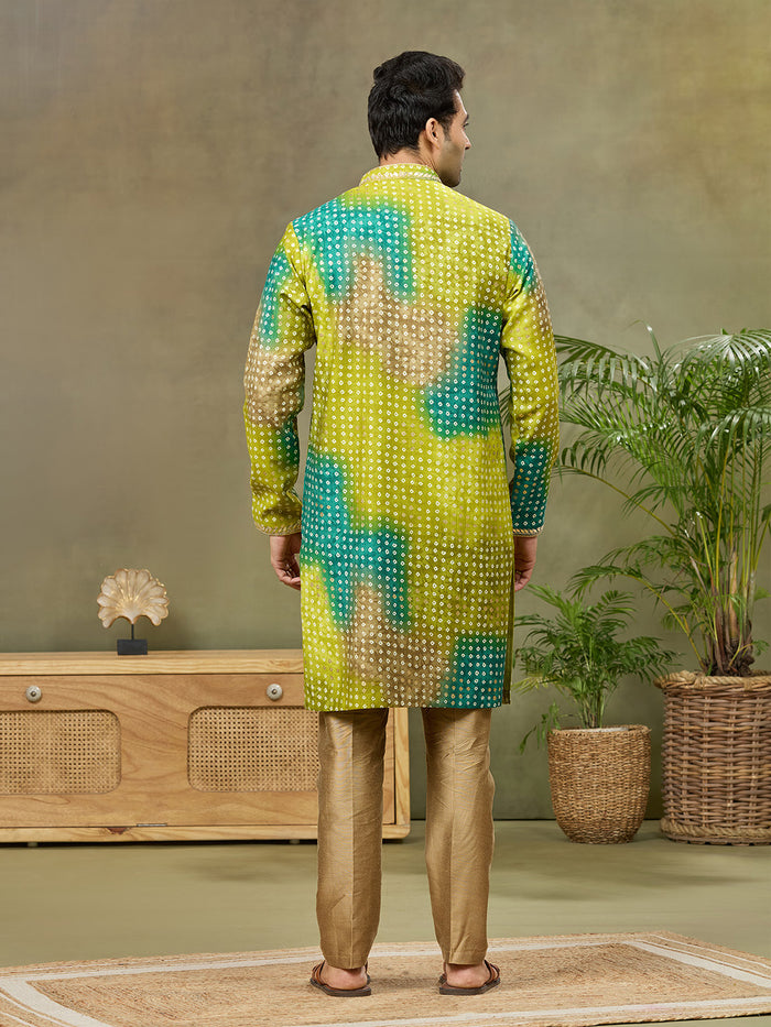 Green Printed Kurta with Aligarhi Pant Featuring Highlight Embroidery