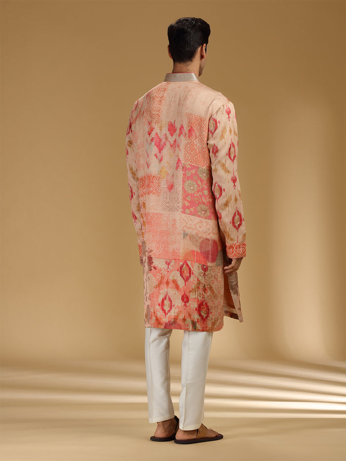 Charming Peach & White Embroidered Printed Kurta Set - KORANM