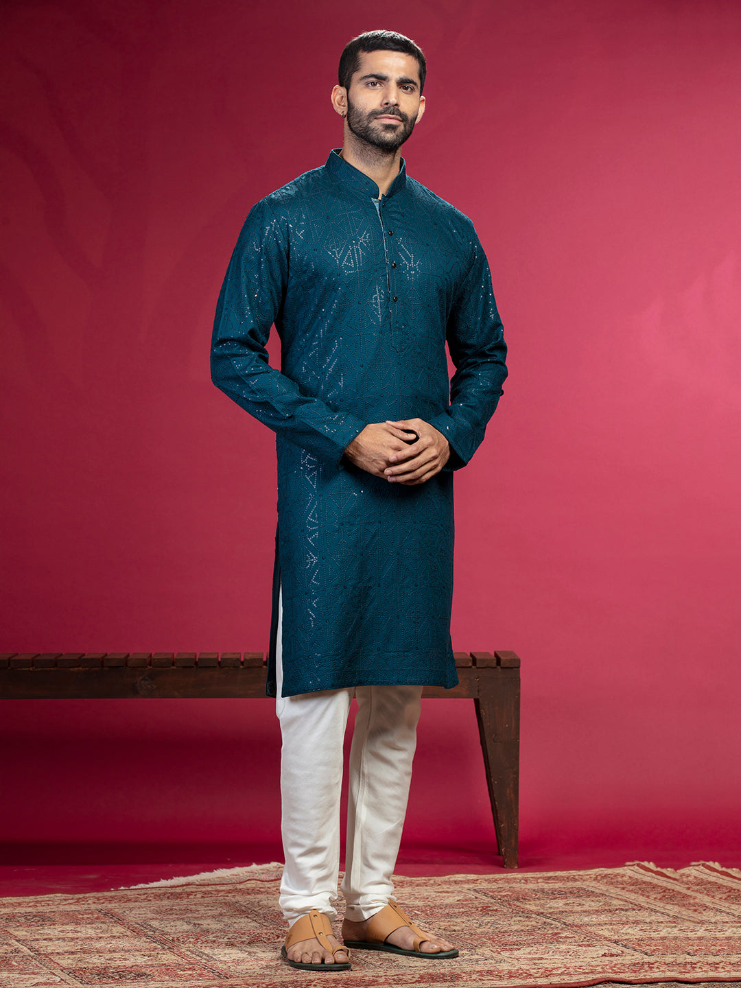 Teal Blue Kurta with sequence work and Aligadi pants.